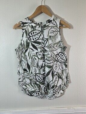 Tahari 100% Linen Tropical Leaf Print Sleeveless Button Front Top Womens XS